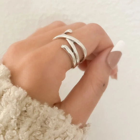 925 Sterling Silver Criss Cross Ring Chunky Ring Geometric Ring Twist Ring - Picture 7 of 9